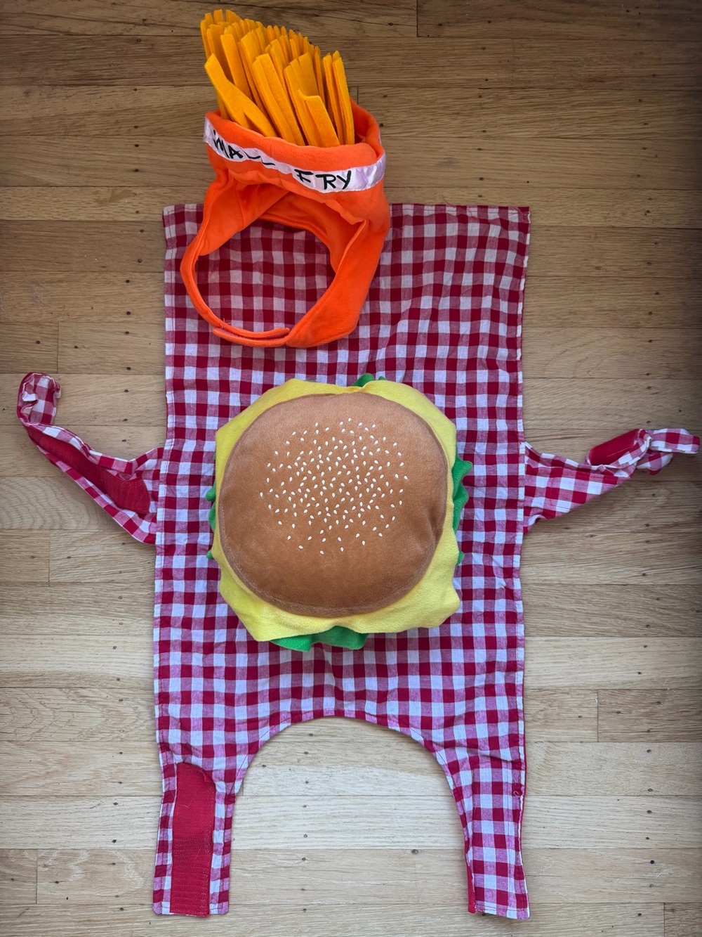 Dog Burger & Fries Halloween Costume Set - Red Gingham Apron with Orange Fry Hat